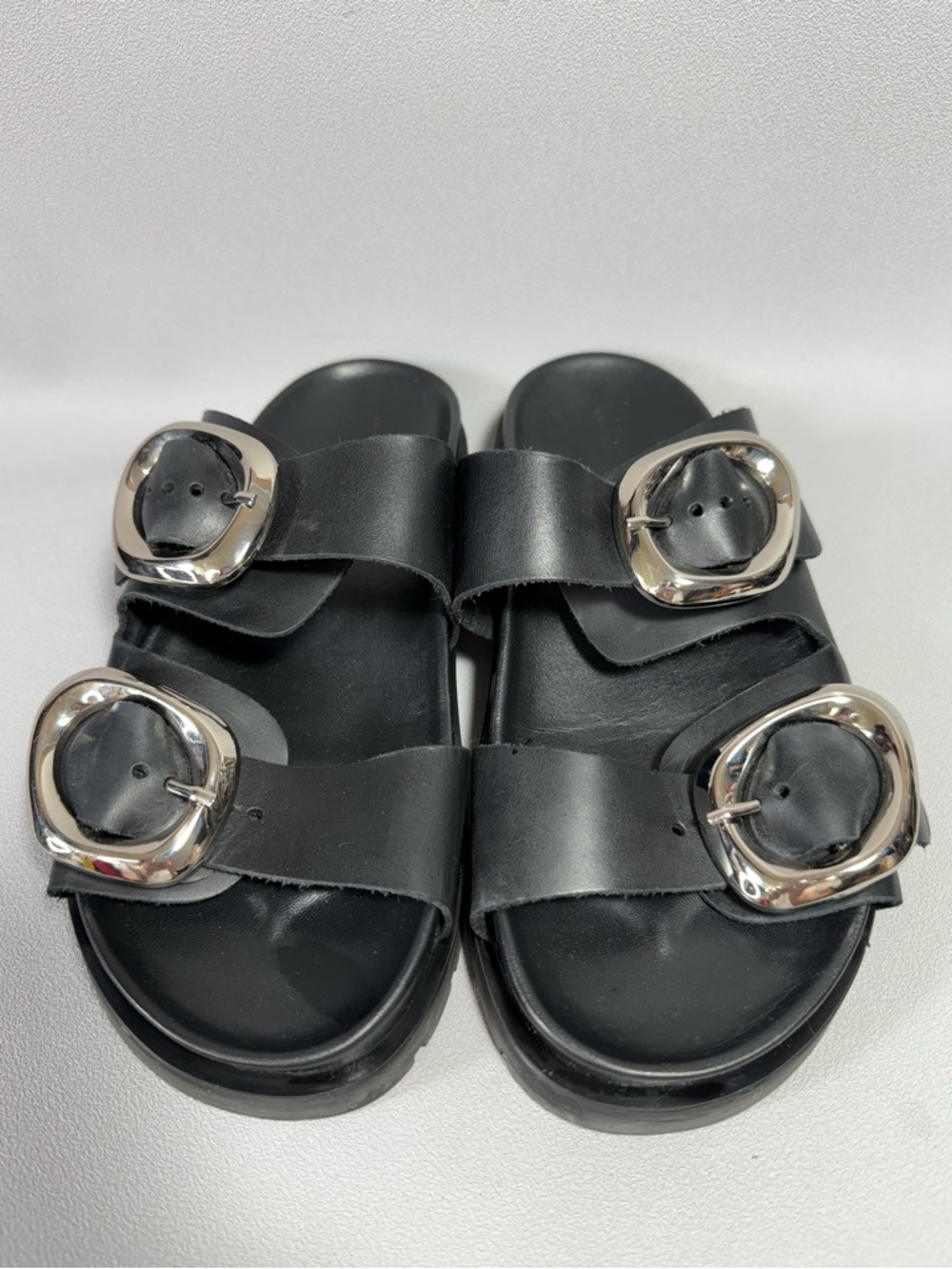 Anthropologie Black Leather Buck Double Buckle Slide Sandals